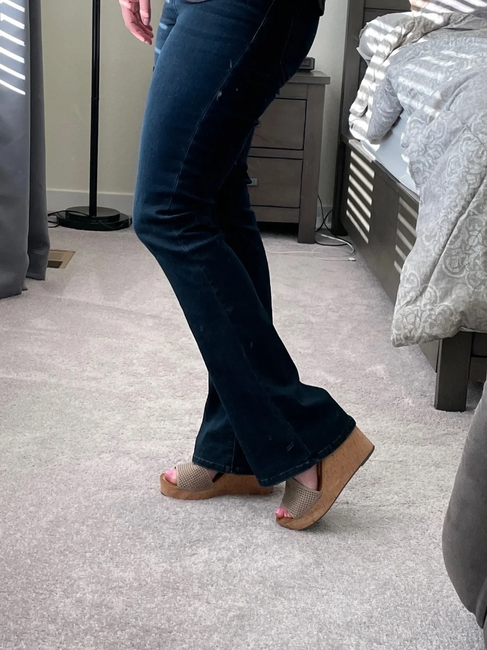 Franco Sarto Beige Perforated T-Strap Cork Wedge Sandals